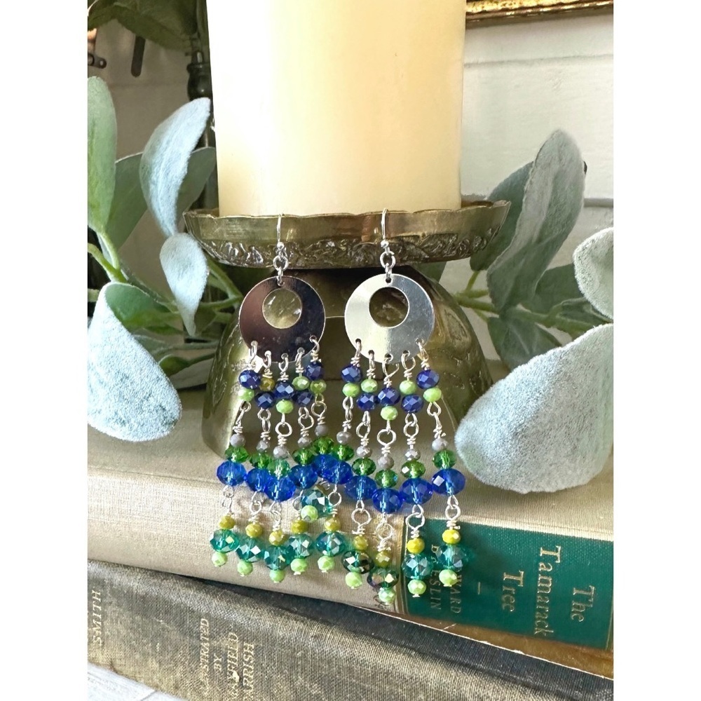Handmade blue and green crystal tassel earrings